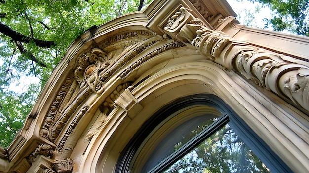 a building with a large window that says  the name  on it