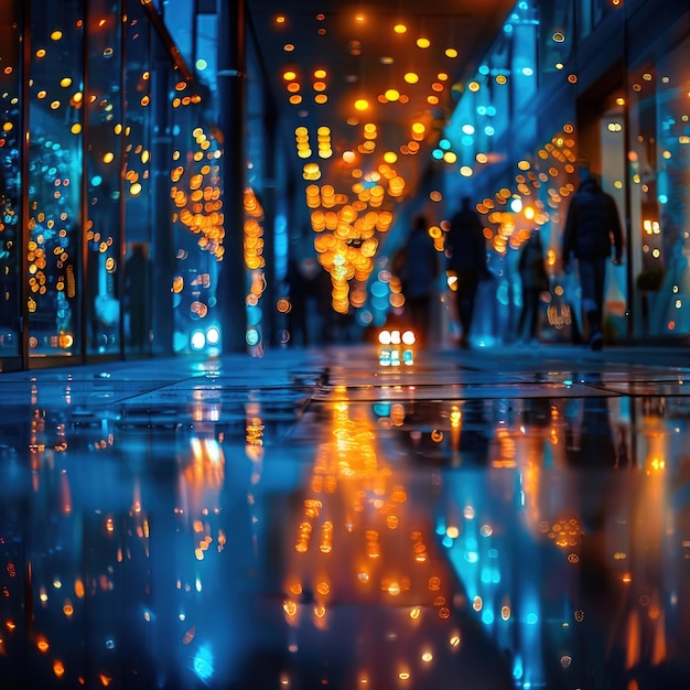 a building with lights on the bottom and a reflection of a building in the water