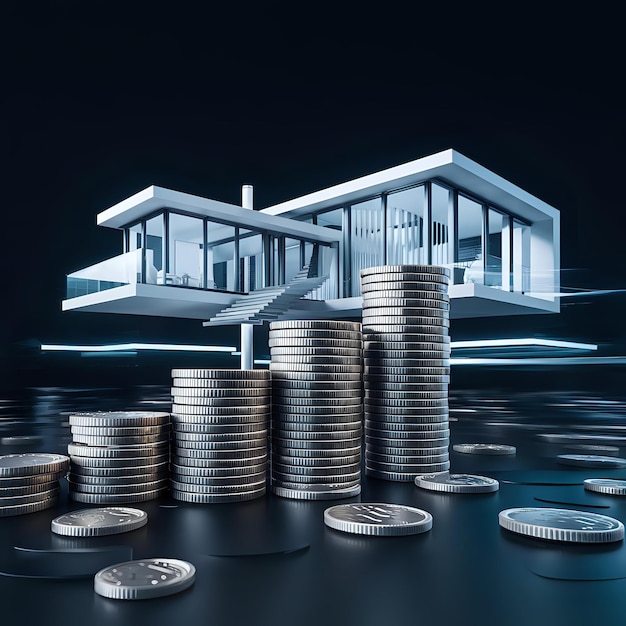 a building with a lot of coins on it and a building in the background