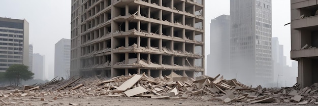 a building with a lot of rubble in the background