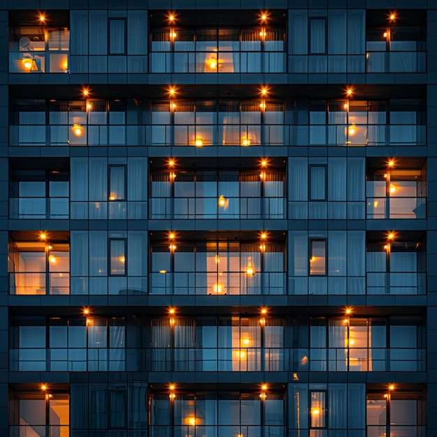 a building with a lot of windows and a balcony with the lights on