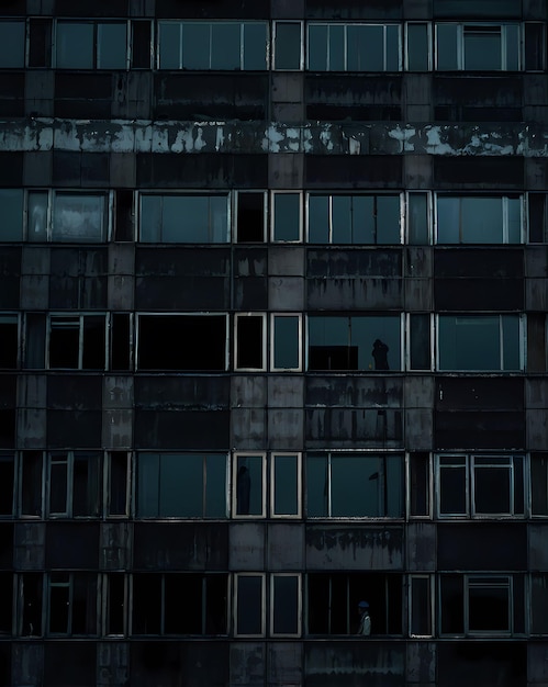 A building with a lot of windows and a person standing in front of it