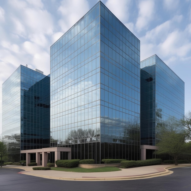 A building with a lot of windows and a sign that says " the name of the company "