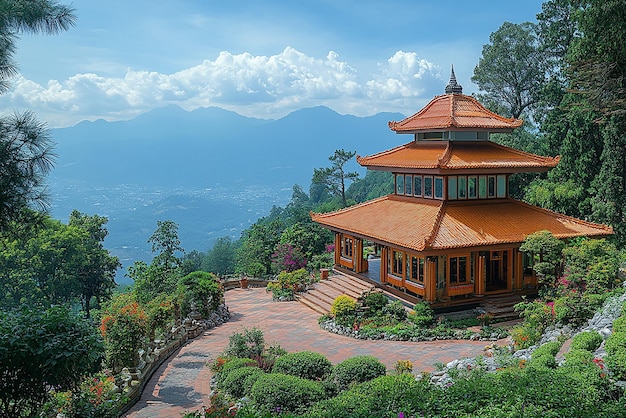 a building with a mountain in the background