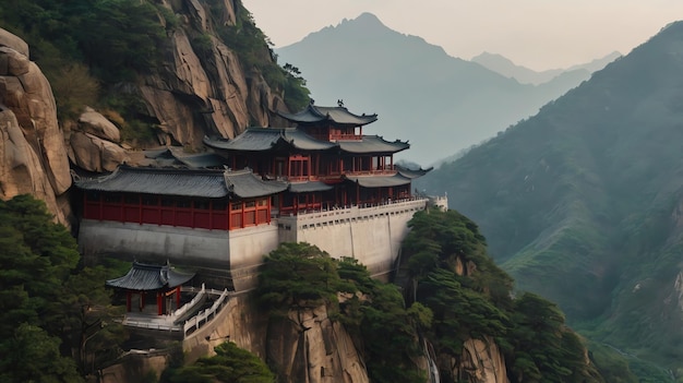 a building with a mountain in the background