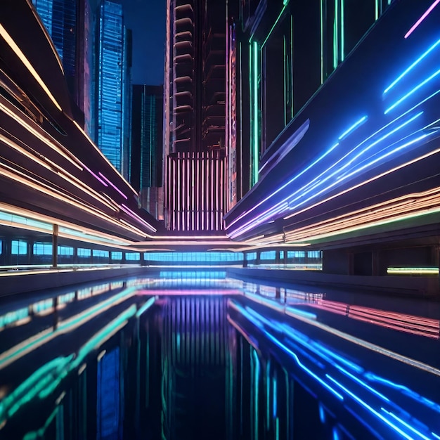 a building with neon lights on the walls and a reflection of a building