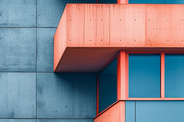 a building with orange and blue windows and a blue wall