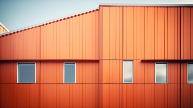 A building with orange siding and a blue sky in the background.