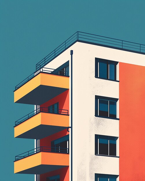 a building with orange and white trim and balconies