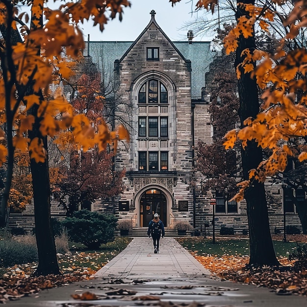 a building with a person walking in front of it