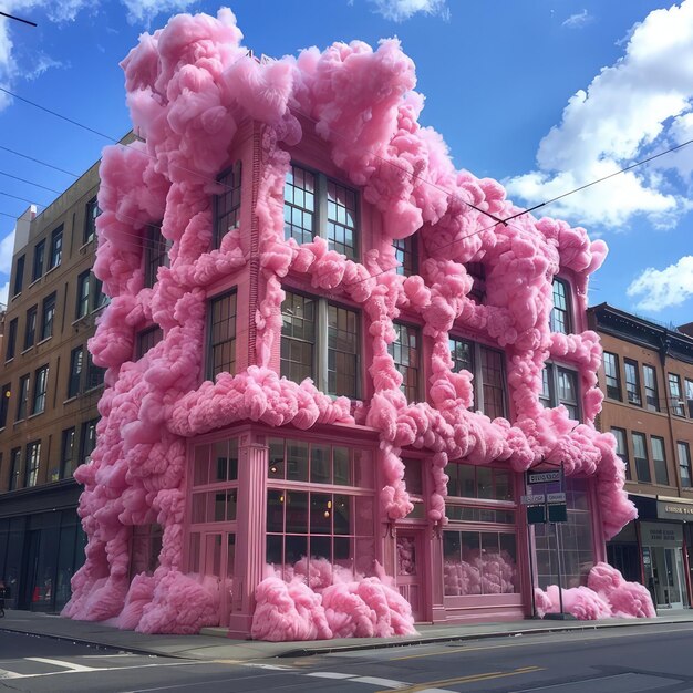 Photo a building with pink balloons on the side and a building with the words cloud in the middle