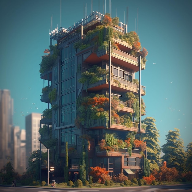 A building with plants on the side and a blue sky in the background.