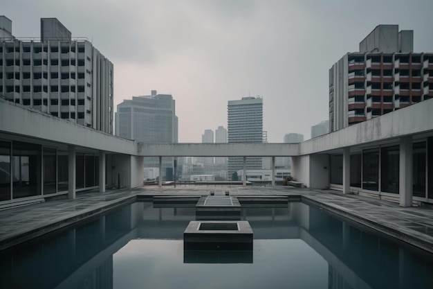 A building with a pool in front of it that says'the city of smog '