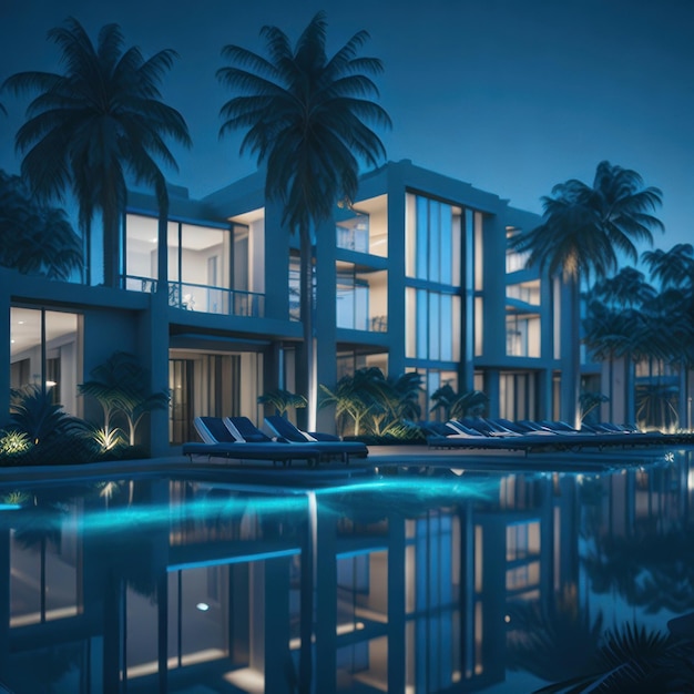 A building with a pool and palm trees at night