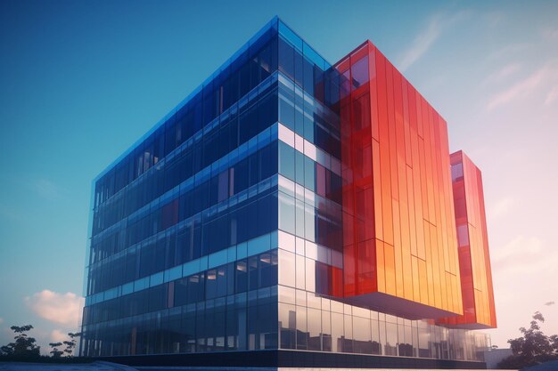 A building with a red glass facade and a blue sky in the background.