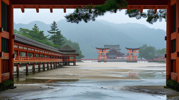 Photo a building with a red roof and a bridge in the background