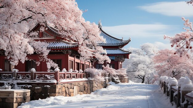 a building with a red roof is surrounded by snow