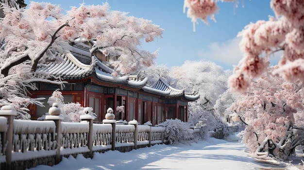 a building with a red roof and a white snow covered roof