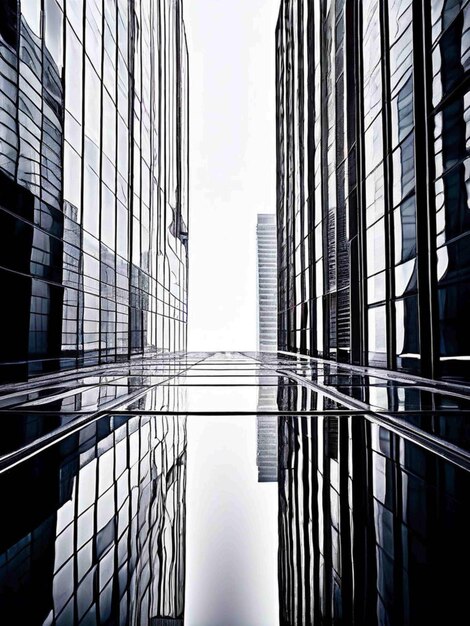 Photo a building with a reflection of a building in the middle