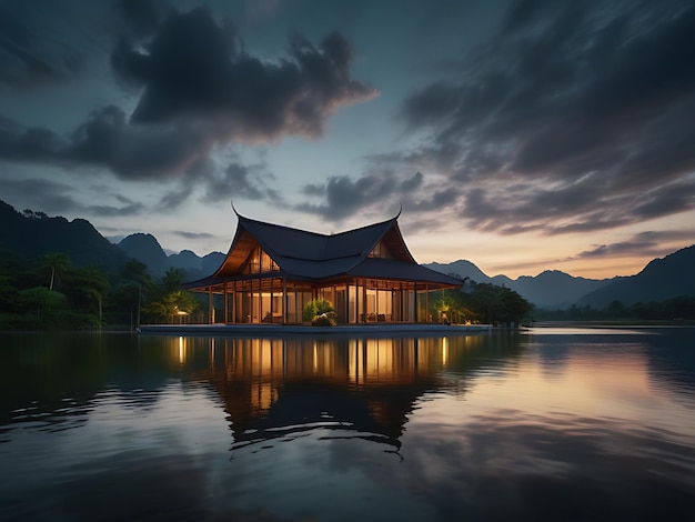 a building with a reflection of a mountain in the water