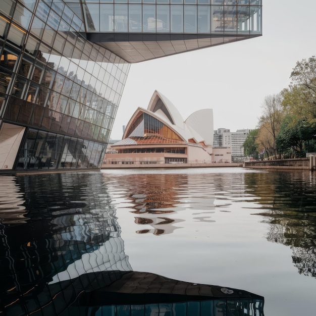 A building with a reflection of the opera house in the water