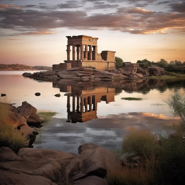 A building with a reflection of the sunset in the water