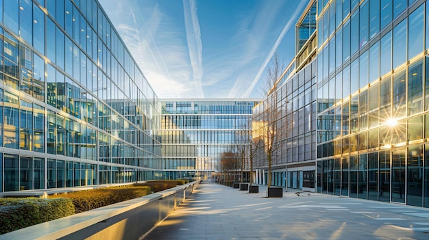 a building with a sky background and a bench in front of it