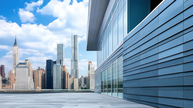 Photo a building with a skyscraper in the background and the city skyline in the background