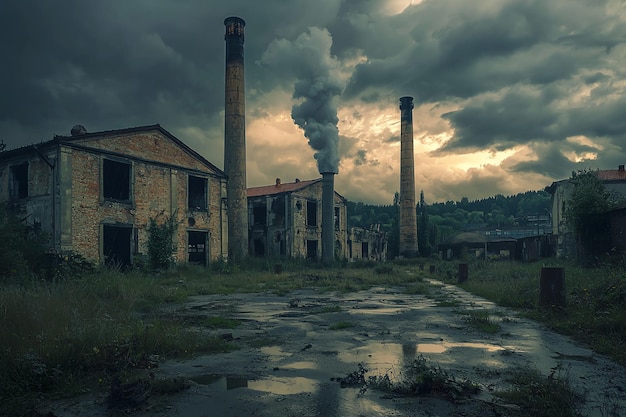 Photo a building with smoke coming out of it and a factory in the background