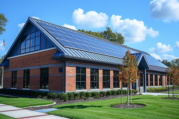 A building with a solar panel on the roof utilizing the suns energy for power