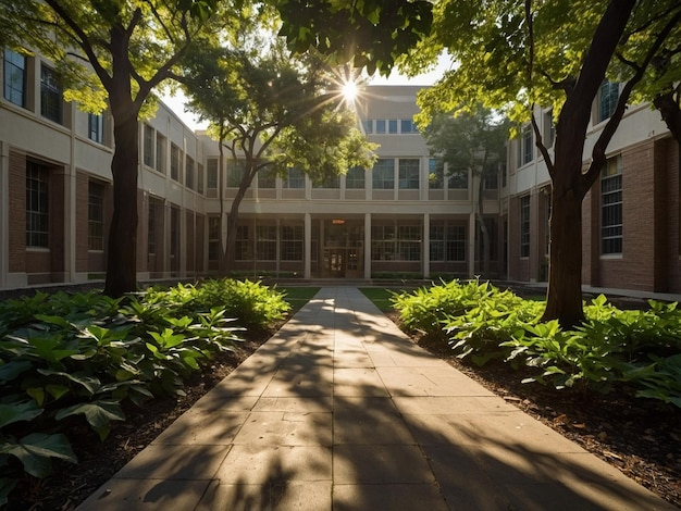 a building with a sun shining through the trees