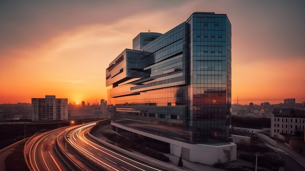 A building with a sunset in the background