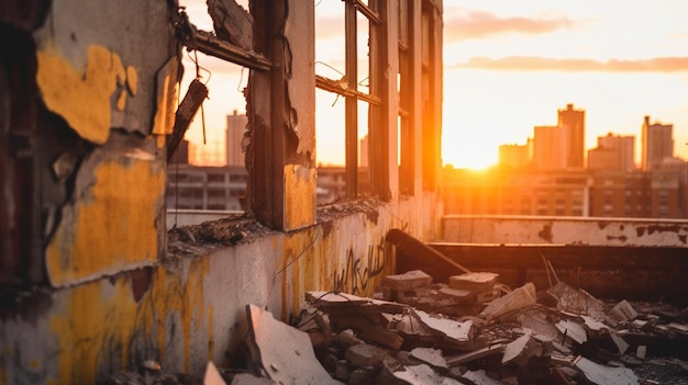 A building with a sunset behind it