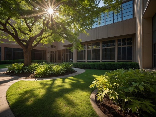 a building with a tree and a building with the sun shining through the windows