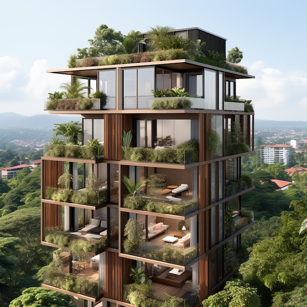 a building with trees on the top and a balcony that says " tropical ".