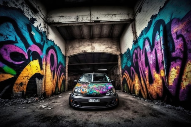 Building with walls and car covered in colorful graffiti created using generative ai technology