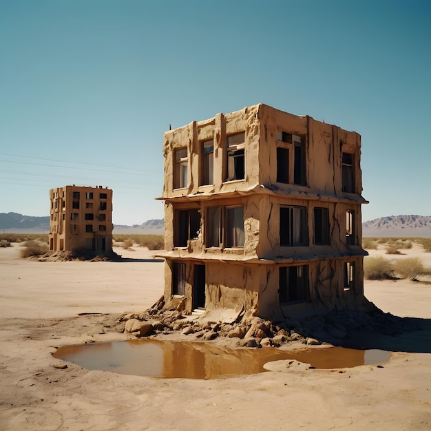 a building with a water puddle in the middle of it