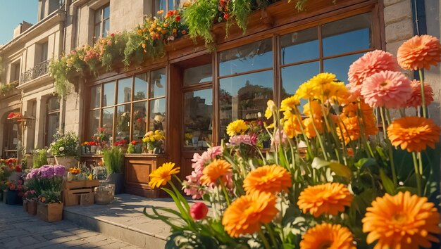 a building with a window that says quot flowers quot on the side