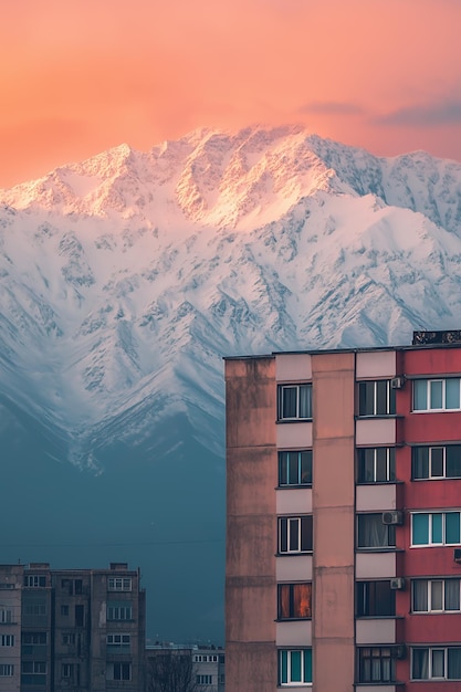 A building with windows sits in front of a snowcapped mountain range at sunset