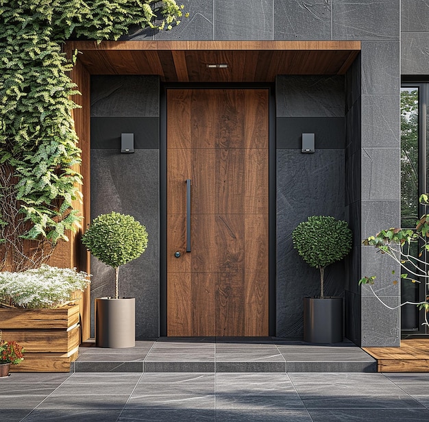 a building with a wooden door and a planter with a plant in it