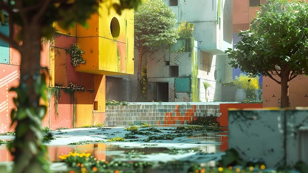 a building with a yellow and orange wall and a water feature