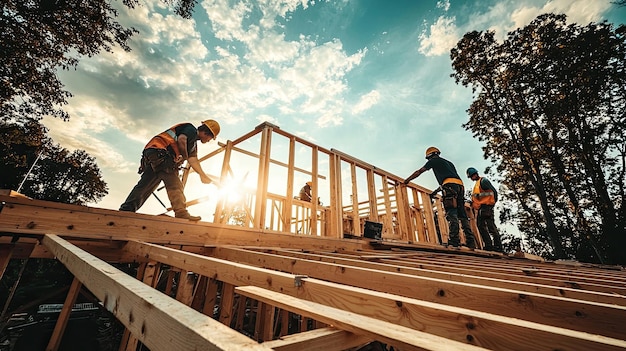 Building wooden structure construction workers collaborate under beautiful sky