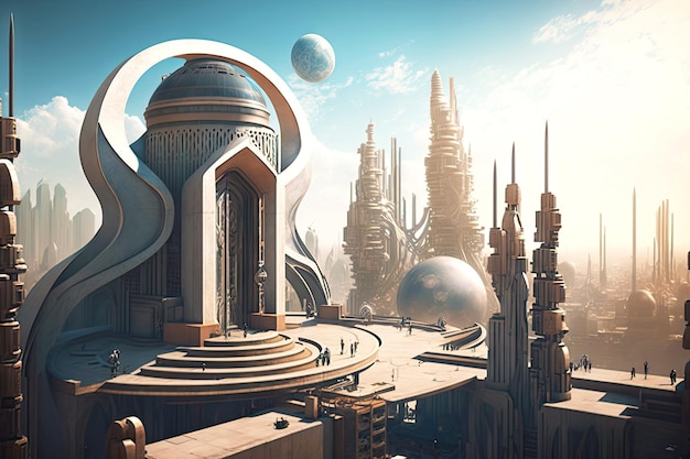 Buildings of ancient futuristic style in city against sky background city rooftop view