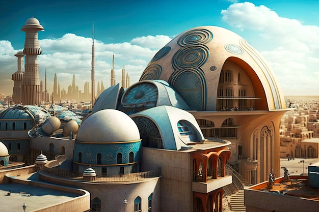 Buildings of ancient futuristic style in city against sky background city rooftop view