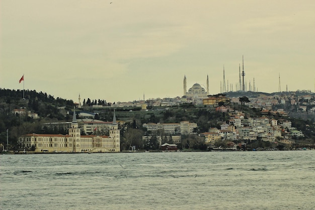 Buildings by river in city