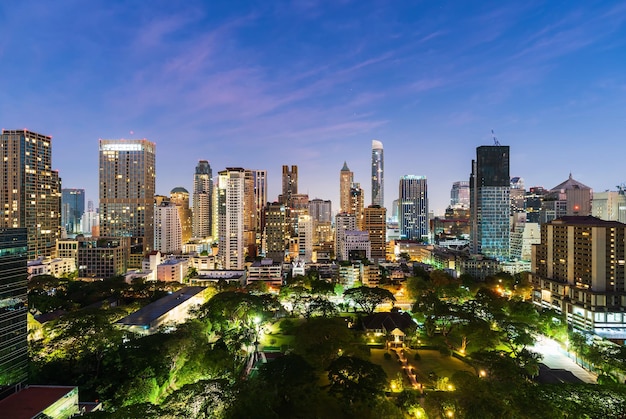 Buildings cityscape near Witthayu road in Bangkok city Thailand