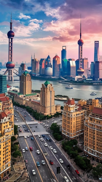 Buildings and highway in the bund of shanghai china