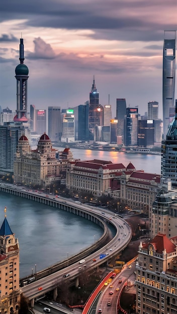 Buildings and highway in the bund of shanghai china