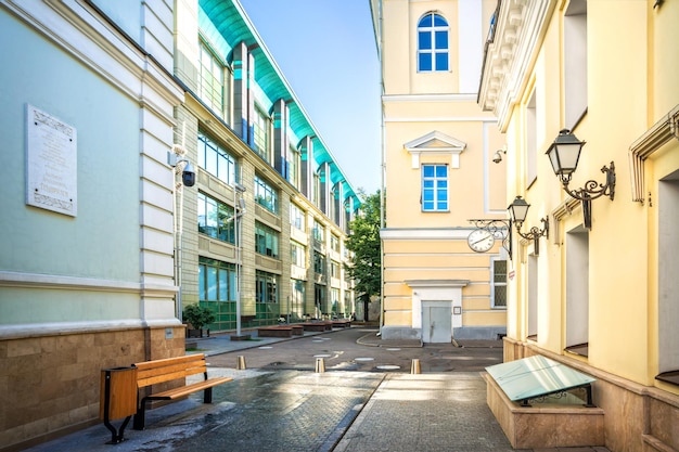 Buildings with lanterns and clocks in Romanov lane Moscow Caption The founder of the Russian school of plant physiology KA Timiryazev lived and died here