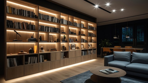 Builtin bookcases with integrated lighting AI generated